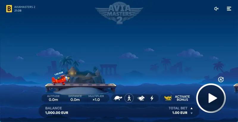 Aviamasters 2 gameplay interface showing flight path, multiplier tokens, and betting controls