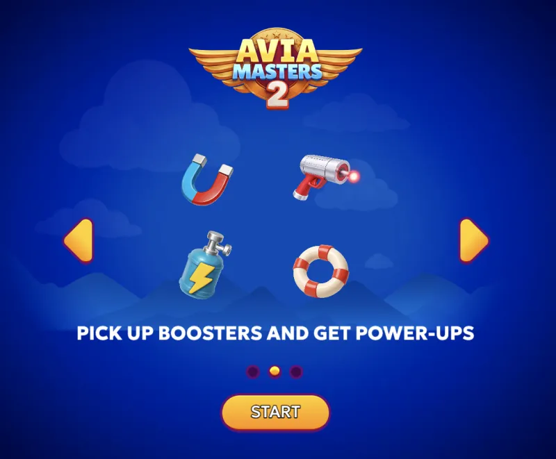 Aviamasters 2 tutorial showing all 4 boosters — Magnet, Laser Gun, Nitro, and Life Buoy power-ups