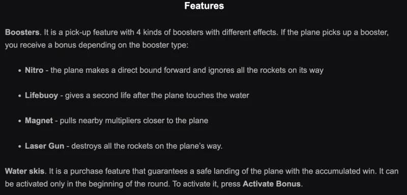 Aviamasters 2 official features list — booster types, water skis, and Safe Landing explained in-game