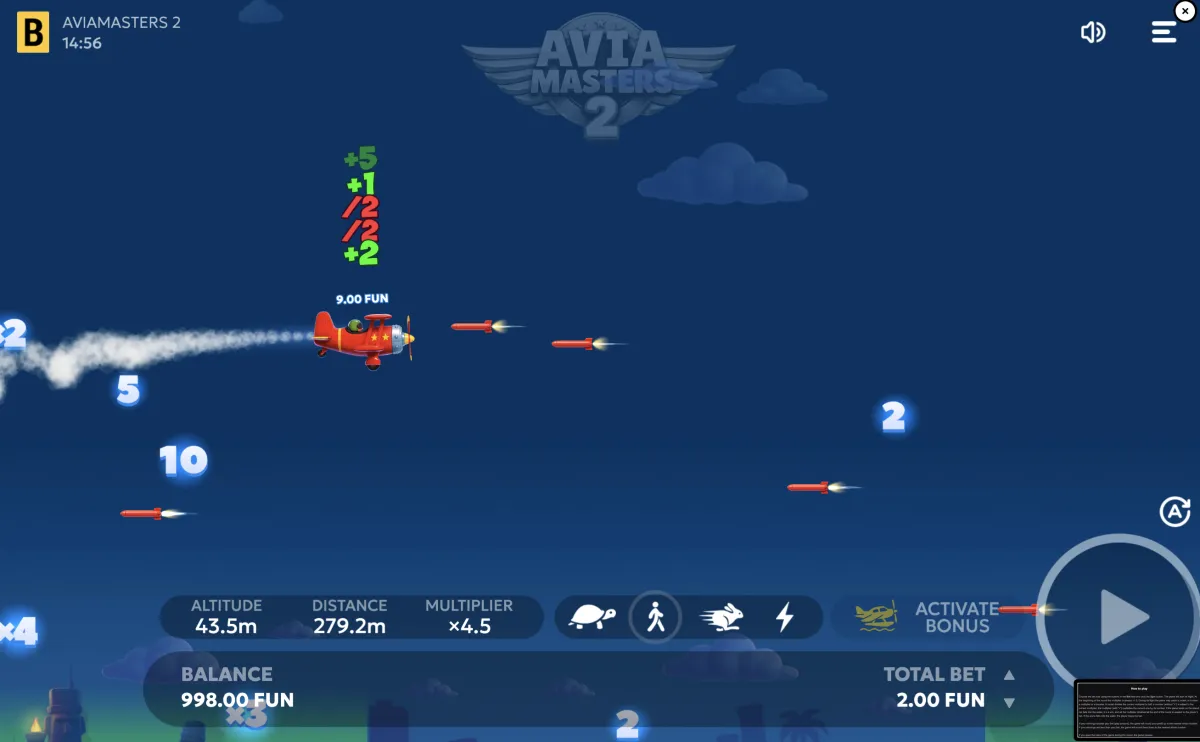 Aviamasters 2 real gameplay screenshot showing plane collecting multipliers at x4.5 while dodging rockets — balance and bet visible in dashboard