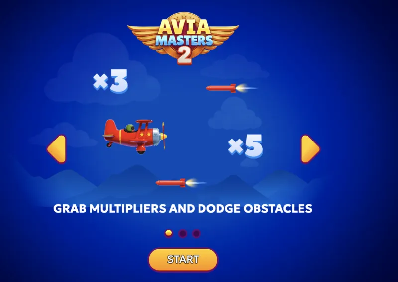 Aviamasters 2 tutorial screen — grab multipliers and dodge obstacles during flight