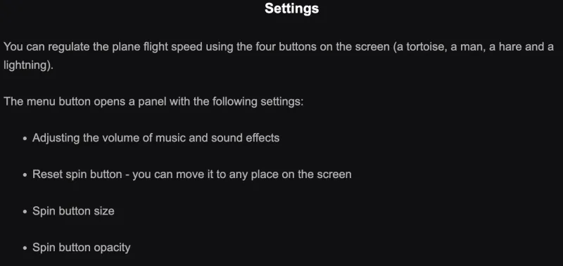 Aviamasters 2 settings panel — flight speed controls, spin button position, size, and opacity options
